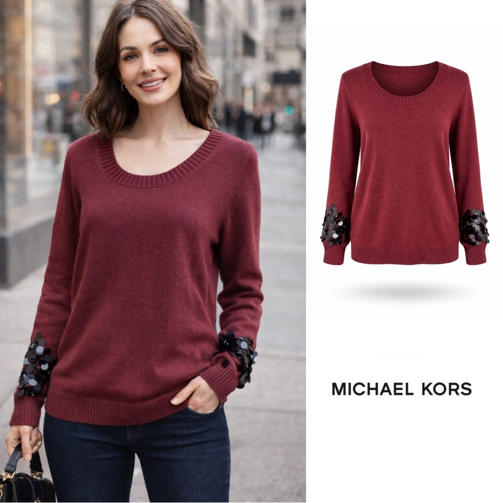 Michael Kors Cotton Knit Sequin Cuff Sweater